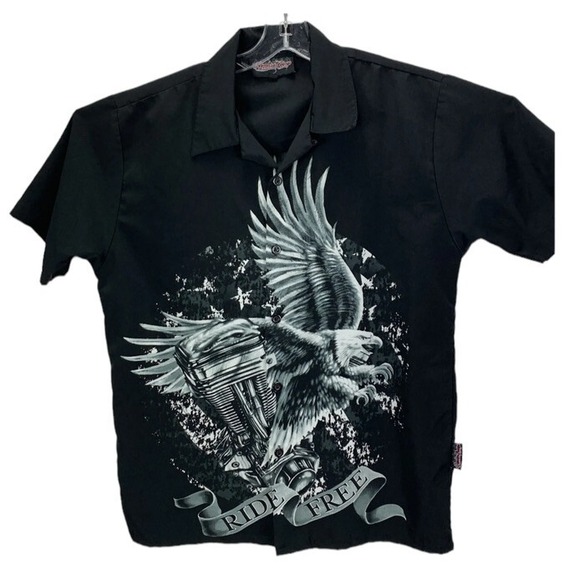 Sapphire Lounge Motorcycle Motor & Eagle Graphic Mens Small Black Shirt (K17) - Picture 2 of 8
